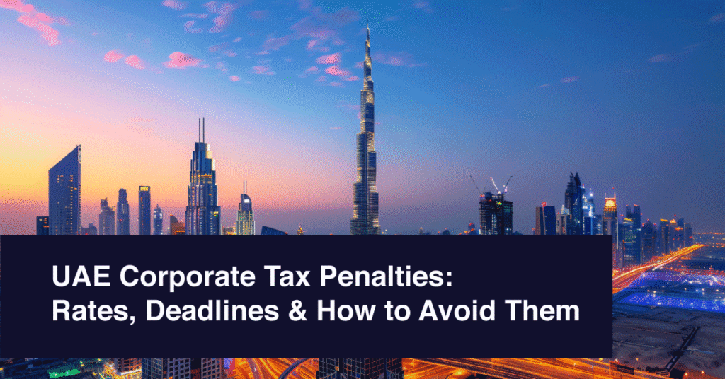 Dubai skyline at dusk with the Burj Khalifa and surrounding skyscrapers lit up, reflected on nearby roads and buildings, overlaid with a dark banner stating “UAE Corporate Tax Penalties: Rates, Deadlines & How to Avoid Them.”